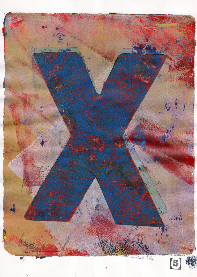 gelliprint printmaking samserif abstract letter X