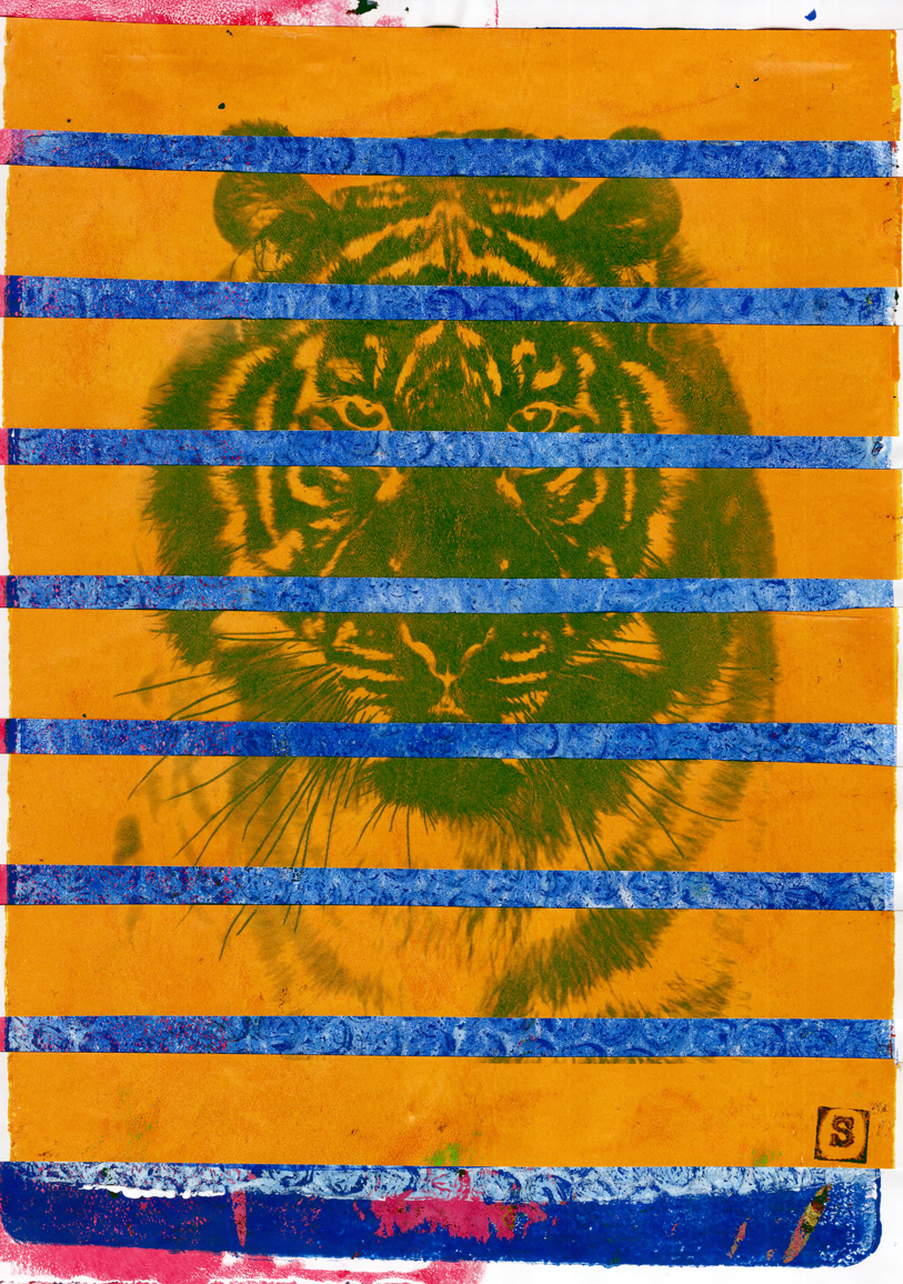 tiger caged gelliprint printmaking samserif